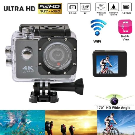 WiFi-s Akciókamera, 12MP sportkamera, FullHD video/60FPS, max. 64GB TF Card, 30m-ig vízálló, A+ 170°, fekete