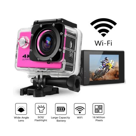 WiFi-s Akciókamera, H10, 12MP sportkamera, FullHD video/60FPS, max.64GB TF Card, 30m-ig vízálló, A+ 170°, rózsaszín