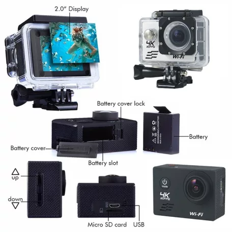 WiFi-s Sportkamera, H-16-4, 12MP akciókamera, FullHD video/60FPS, max.32GB TF Card, 30m-ig vízálló, A+ 170°, ezüst