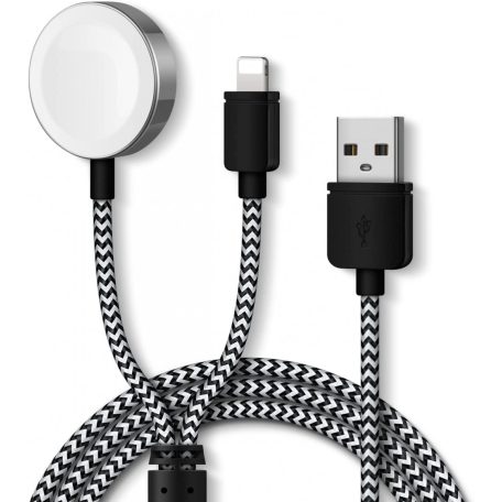 2 az 1-ben Lightning + Vezeték nélküli töltés, iPhone, iPad és Apple Watch töltőkábel, fehér-fekete
