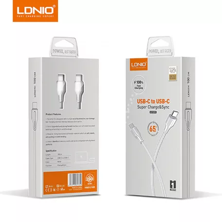 LDNIO Adat- és Töltőkábel LC121c, USB-C/USB-C csatlakozó, 65W gyorstöltés, 1 méter, fehér