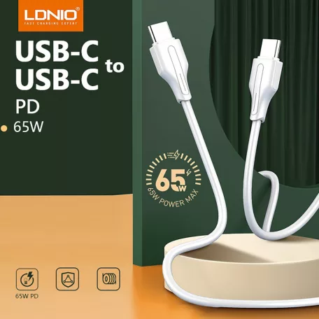 LDNIO Adat- és Töltőkábel LC121c, USB-C/USB-C csatlakozó, 65W gyorstöltés, 1 méter, fehér