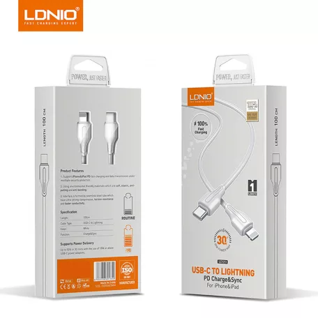 LDNIO Adat- és Töltőkábel LC121i, Lightning/USB-C csatlakozó, 30W gyorstöltés, 1 méter, fehér