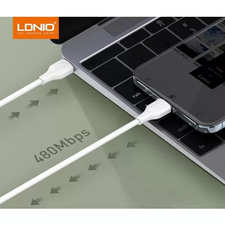 LDNIO Adat- és Töltőkábel LC121i, Lightning/USB-C csatlakozó, 30W gyorstöltés, 1 méter, fehér