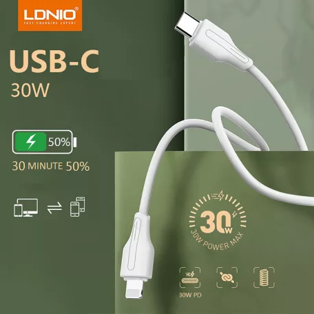 LDNIO Adat- és Töltőkábel LC121i, Lightning/USB-C csatlakozó, 30W gyorstöltés, 1 méter, fehér