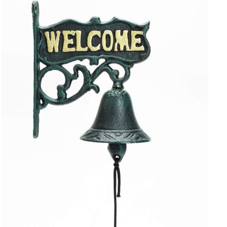 Öntöttvas Kolomp, 'WELCOME' feliratú, Vintage hangulatú dizájnnal, fekete