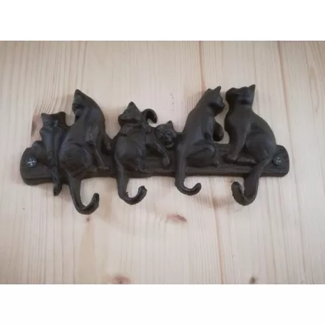 Öntöttvas Fogas, 6 cicával a tetején, póráz, kulcs, ruha akasztó, Vintage hangulatú dizájnnal, fekete