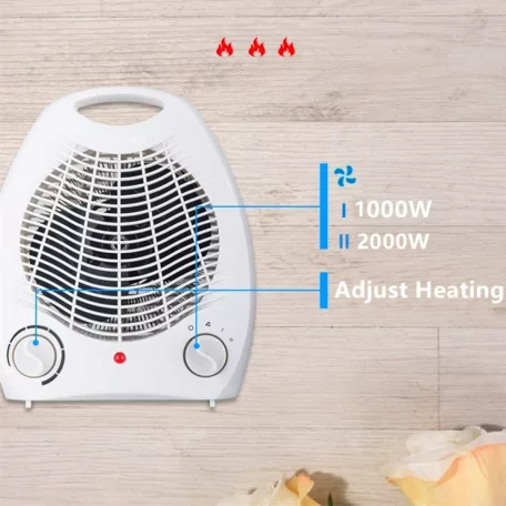 Hordozható Mini Ventilátoros Fűtőtest, 3 különböző fokozattal, 1000W/2000W állítható fűtési teljesítmény, fehér
