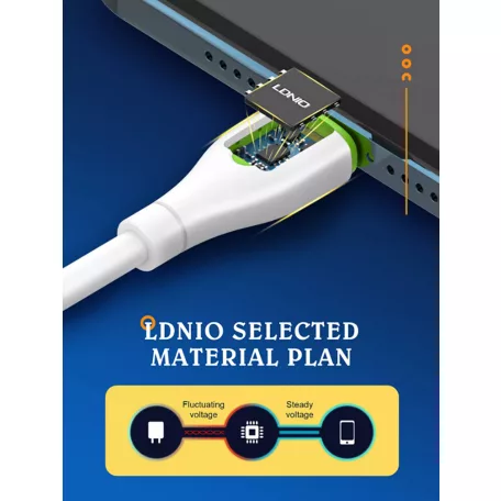 LDNIO Adat- és Tápkábel, LS571, Lightning/USB csatlakozó, 2.4A gyorstöltés, 1 méter, fehér/narancssárga