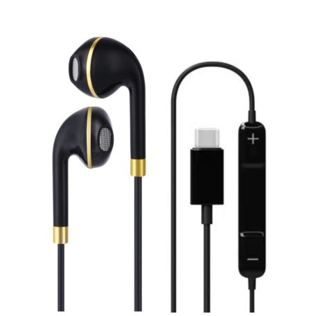 USB-C Vezetékes Fülhallgató Mikrofonnal, hangerőváltás/zene-/híváskezelés, bőrcsat a vezeték összefogásához, fekete