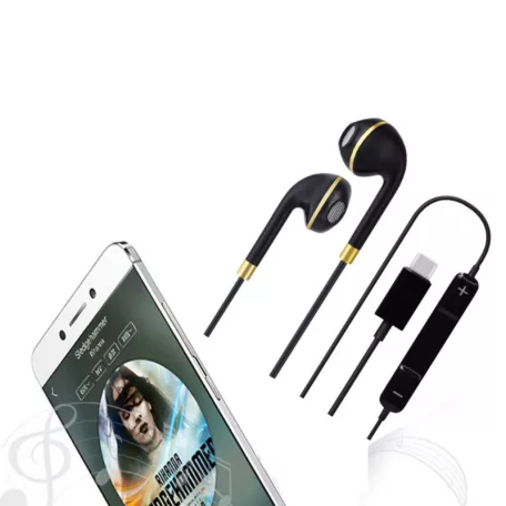 USB-C Vezetékes Fülhallgató Mikrofonnal, hangerőváltás/zene-/híváskezelés, bőrcsat a vezeték összefogásához, fekete