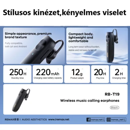 Remax® bluetooth headset, V5.4, zajszűrés, HD mikrofon, akár 10 óra beszélgetés, fekete