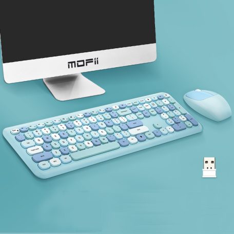 MOFII vezeték nélküli billentyűzet + egér, RF-666, nemzetközi elrendezés, Kék/multicolor