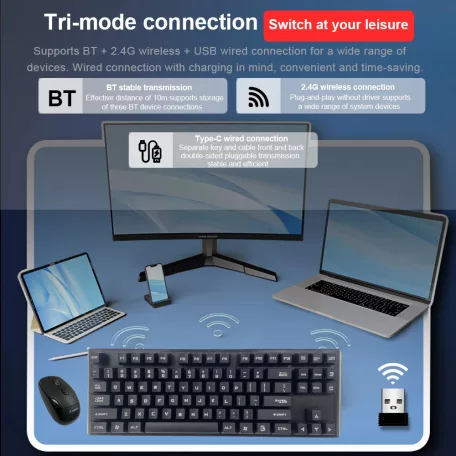 Vezeték nélküli Gaming Billentyűzet + Egér, RF8090, nemzetközi kiosztás, fekete