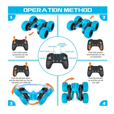 Tornado Távirányítós stunt autó, 2,4 GHz-es rádióvezérlésű, LED világítással és hang, 360 fokos elforgatással, 8 év feletti gyermekek számára, kék