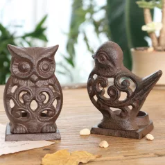  Öntöttvas Gyertyatartó, Bagoly alakú, Gyertyáknak és Mécseseknek egyaránt, Vintage hangulatú dizájnnal, fekete