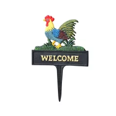   Öntöttvas 'Welcome' tábla, Földbe szúrható kakasdísz, Vintage hangulatú dizájnnal, színes