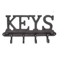   Öntöttvas Fogas, 'KEYS' feliratú, kabát, kulcs, póráz akasztó, Vintage hangulatú dizájnnal, fekete