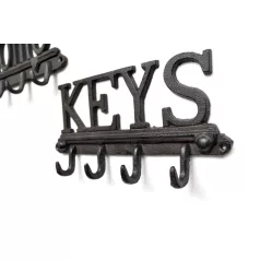   Öntöttvas Fogas, 'KEYS' feliratú, kabát, kulcs, póráz akasztó, Vintage hangulatú dizájnnal, fekete