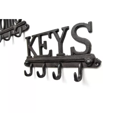 Öntöttvas Fogas, 'KEYS' feliratú, kabát, kulcs, póráz akasztó, Vintage hangulatú dizájnnal, fekete
