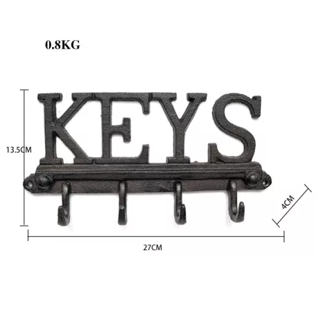 Öntöttvas Fogas, 'KEYS' feliratú, kabát, kulcs, póráz akasztó, Vintage hangulatú dizájnnal, fekete