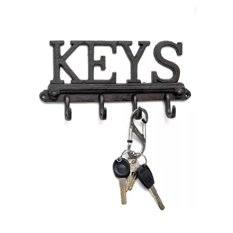 Öntöttvas Fogas, 'KEYS' feliratú, kabát, kulcs, póráz akasztó, Vintage hangulatú dizájnnal, fekete