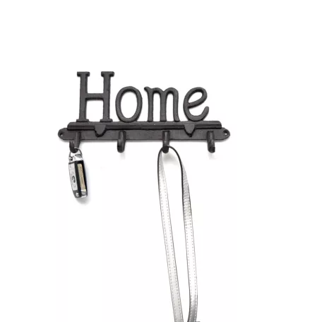 Öntöttvas Fogas, 'Home' feliratú, kabát, kulcs, póráz akasztó, Vintage hangulatú dizájnnal, fekete