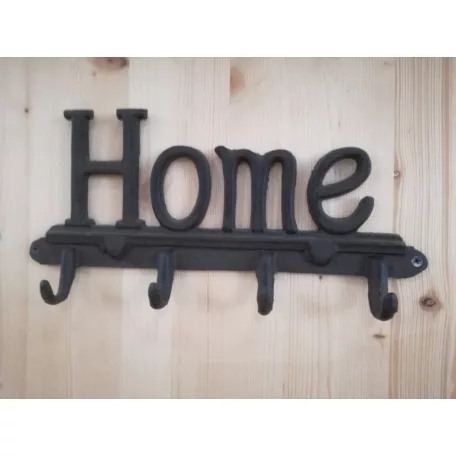 Öntöttvas Fogas, 'Home' feliratú, kabát, kulcs, póráz akasztó, Vintage hangulatú dizájnnal, fekete