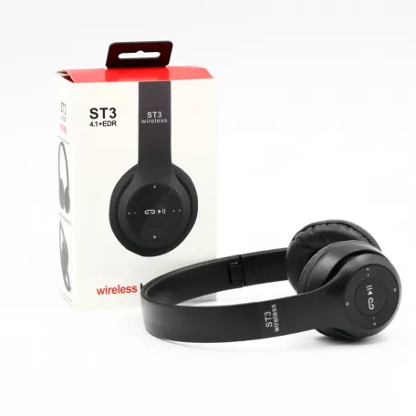 Bluetooth Fejhallgató, beépített mikrofonnal, ST3 hívásfogadás/hangerőszabályzó/számváltó, Bluetooth + MicroSD + FM rádió + 3,5mm jack, fekete