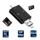 3in1 OTG USB-C/USB/MicroUSB Kártyaolvasó, támogatja a MicroSD/TF SD kártyákat, fekete