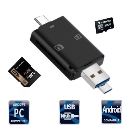 3in1 OTG USB-C/USB/MicroUSB Kártyaolvasó, támogatja a MicroSD/TF SD kártyákat, fekete