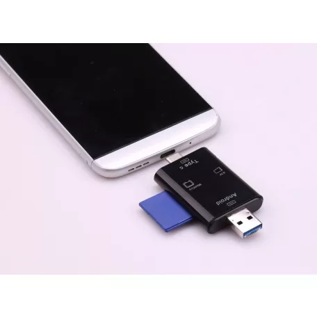 3in1 OTG USB-C/USB/MicroUSB Kártyaolvasó, támogatja a MicroSD/TF SD kártyákat, fekete