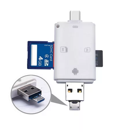 3in1 OTG USB-C/USB/MicroUSB Kártyaolvasó, támogatja a MicroSD/TF SD kártyákat, fehér