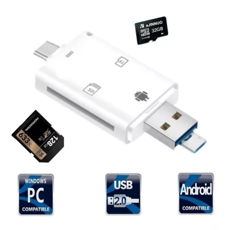 3in1 OTG USB-C/USB/MicroUSB Kártyaolvasó, támogatja a MicroSD/TF SD kártyákat, fehér