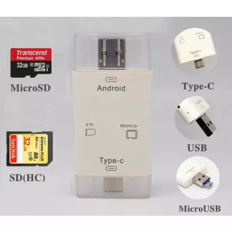 3in1 OTG USB-C/USB/MicroUSB Kártyaolvasó, támogatja a MicroSD/TF SD kártyákat, fehér