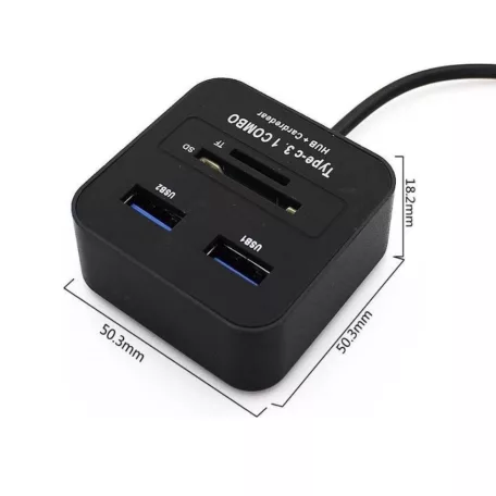 4in1 USB-C OTG kártyaolvasó: 2xUSB 3.0, támogatja a MicroSD/TF SD kártyákat, csatlakozás USB-C Laptophoz/Okostelefonhoz, fekete