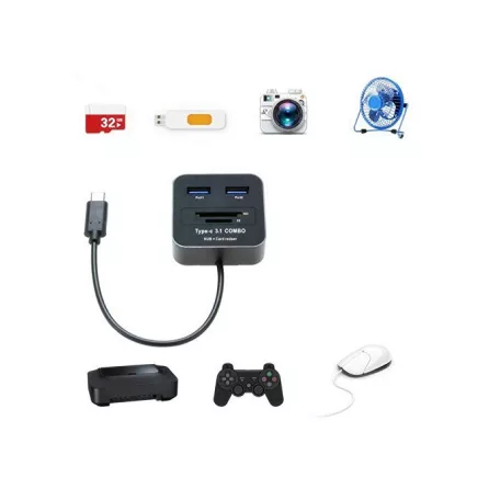 4in1 USB-C OTG kártyaolvasó: 2xUSB 3.0, támogatja a MicroSD/TF SD kártyákat, csatlakozás USB-C Laptophoz/Okostelefonhoz, fekete