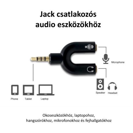 Donji 3,5 mm-es audio csatlakozó elosztó, 2 kimenet: mikrofonhoz és a fejhallgatóhoz, fehér
