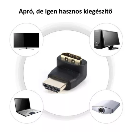 HDMI csatlakozó fordító adapter, 90°-ban elforgatja a HDMI csatlakozást, fekete