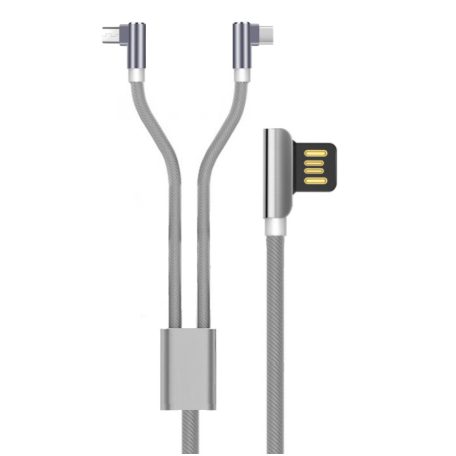 Prémium adat és töltő kábel, 2 az 1-ben, USB-ről MicroUSB/USB-C csatlakozó, Android készülékekhez, 1 méter, szürke
