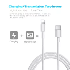   Prémium Adat- és Töltőkábel, Lightning/USB-C csatlakozó, 27W gyorstöltés, 1 méter, fehér színben