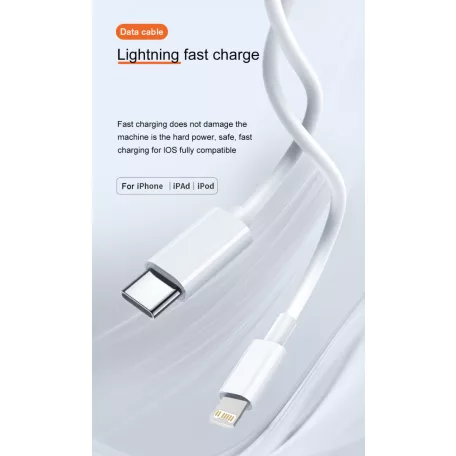 Prémium Adat- és Töltőkábel, Lightning/USB-C csatlakozó, 27W gyorstöltés, 1 méter, fehér színben