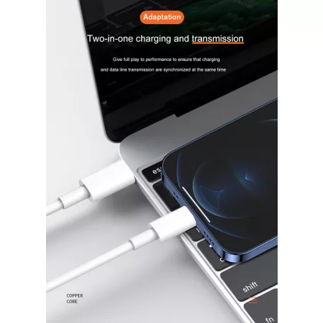 Prémium Adat- és Töltőkábel, Lightning/USB-C csatlakozó, 27W gyorstöltés, 1 méter, fehér színben
