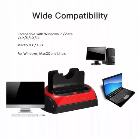 Merevlemez Dokkoló Állomás, multifunkciós: 2x port, 2,5"/3,5" IDE/SATA HDD, OTB gomb (backup), model 875, piros-fekete