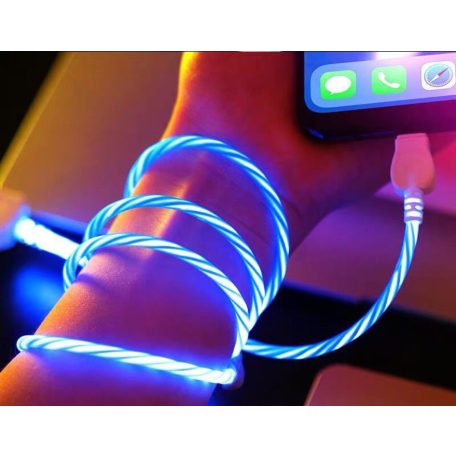 Prémium Adat- és Töltőkábel, MicroUSB/USB csatlakozó, villogó fény, 2A gyorstöltés, 1 méter, átlátszó borítás, fehér