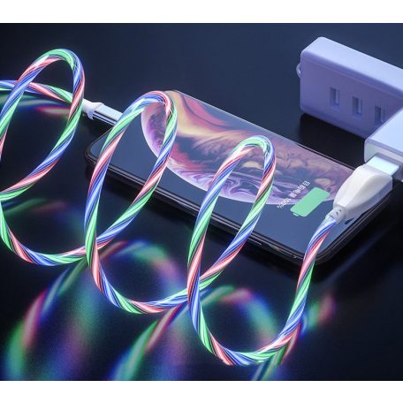 Prémium Adat- és Töltőkábel, MicroUSB/USB csatlakozó, villogó fény, 2A gyorstöltés, 1 méter, átlátszó borítás, fehér