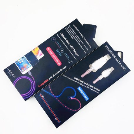 Prémium Adat- és Töltőkábel, MicroUSB/USB csatlakozó, villogó fény, 2A gyorstöltés, 1 méter, átlátszó borítás, fehér