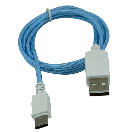 Prémium adat- és töltőkábel, USB-C/USB csatlakozó, többszínű villogó LED fénnyel, 2A gyors töltés, 1 méter, kék
