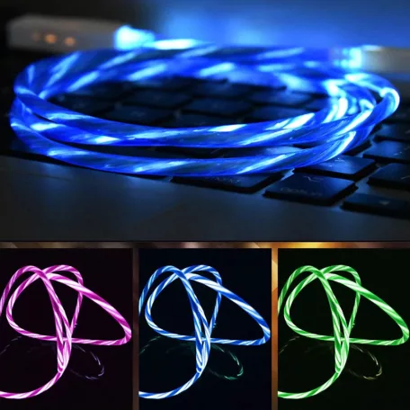 Prémium Adat- és Töltőkábel, USB-C/USB csatlakozó, többszínű villogó LED fény, 2A gyorstöltés, 1 méter, pink