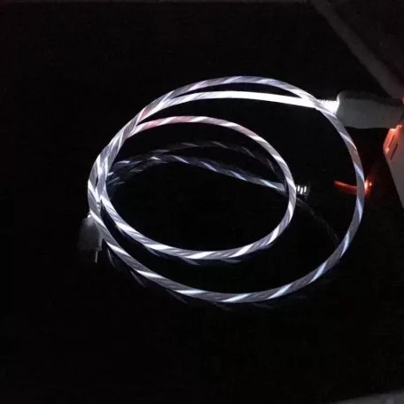 Prémium Adat- és Töltőkábel, Lightning/USB csatlakozó, villogó fény, 2A gyorstöltés, 1 méter, átlátszó borítás, fehér
